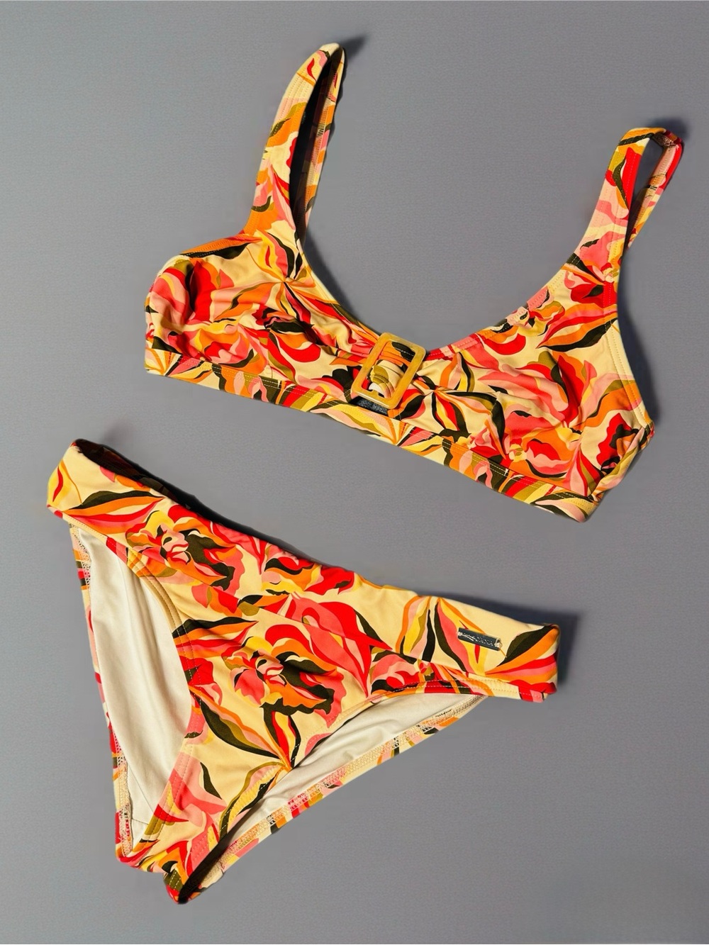 Yellow Floral Buckle Bikini Top & Bottom Set